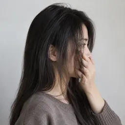 侧脸并被头发和手遮挡的女性照片示例